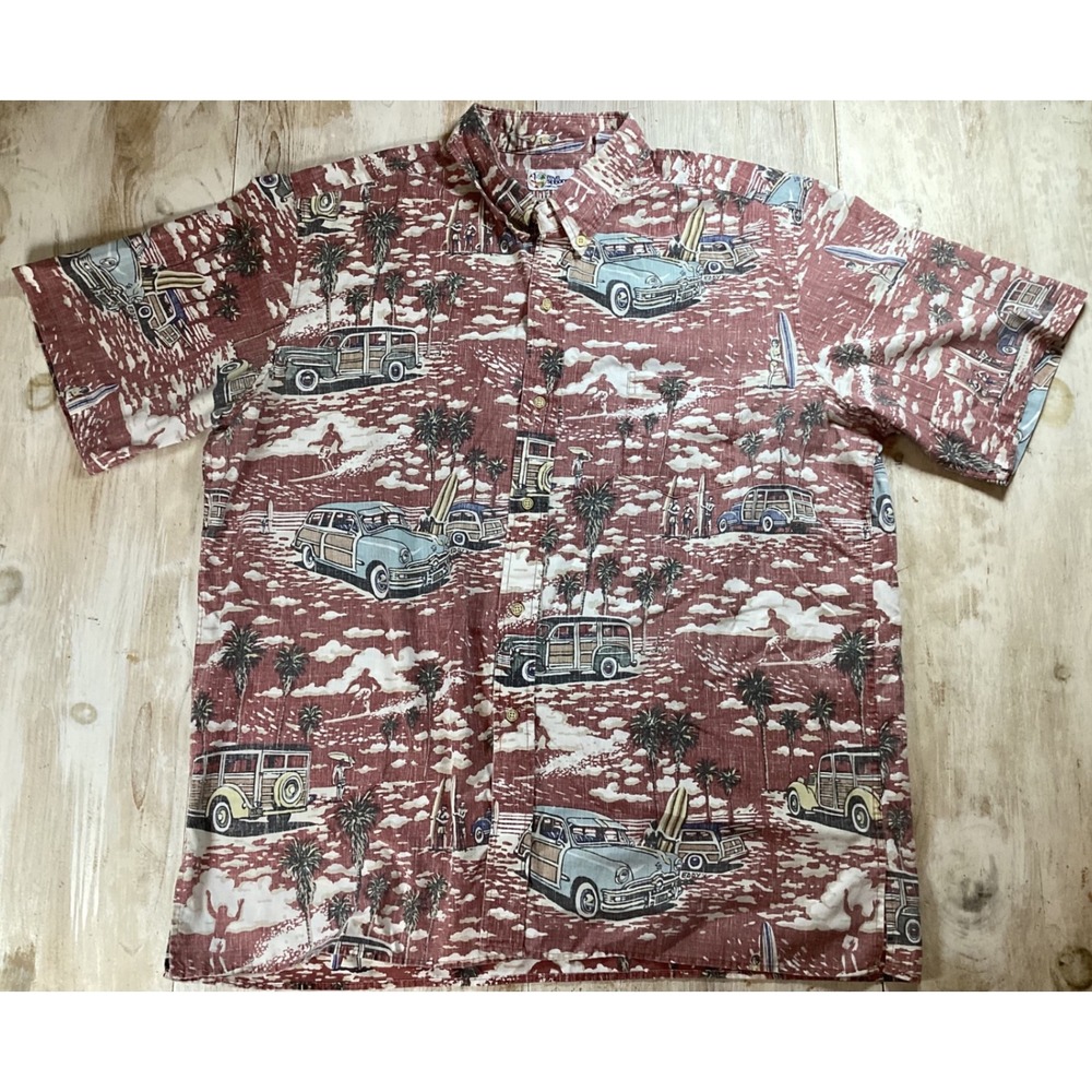 Reyn Spooner Mens XXL Red Woody Car Surfer Hawaiian Traditions Button Down Shirt